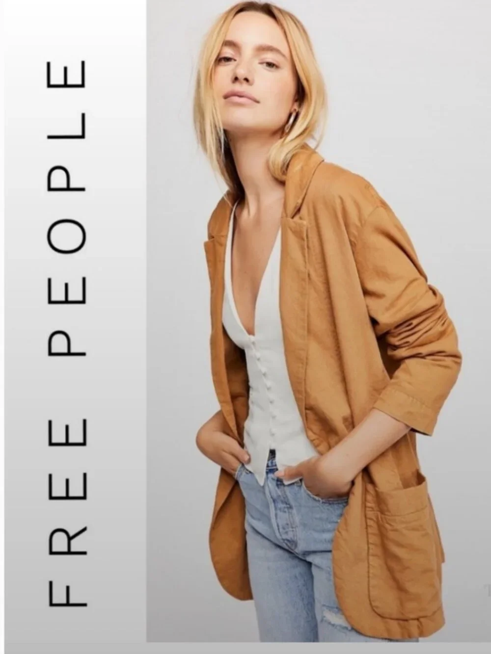 Free People Linen Blend Slouchy Blazer L Tan Rust Oversized Single Button - Picture 2 of 6